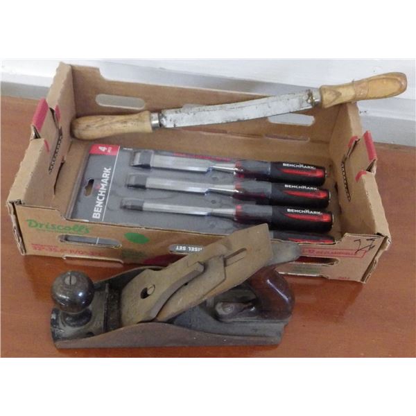 hand plane, wood chisels and draw  knife