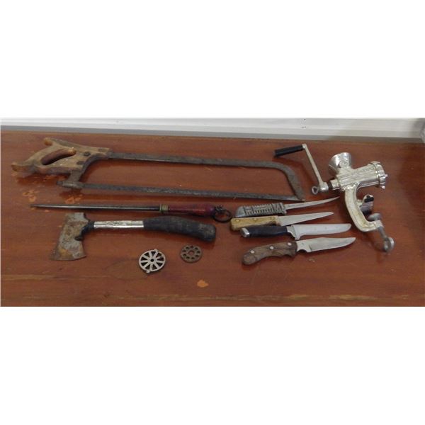 meat saw , knives , knife sharpener , Hand meat or vegetable grinder