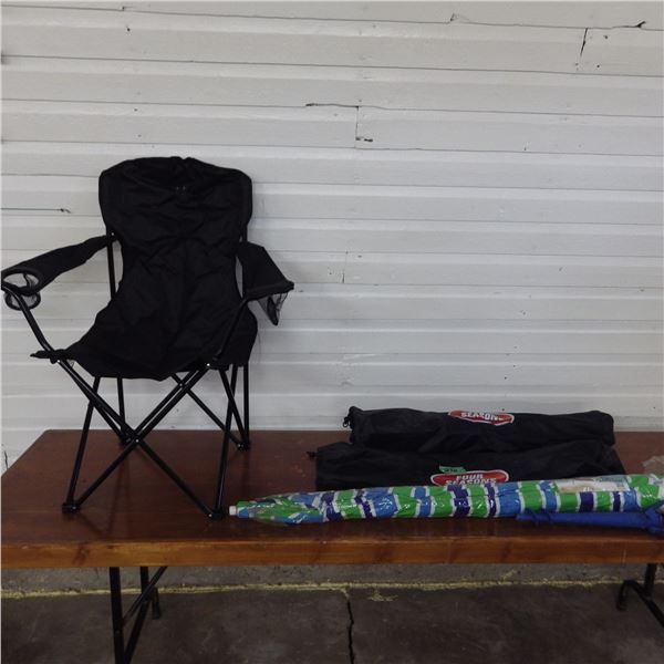 collapsible camping chairs and umbrella