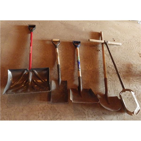 lot of shovels and post hole digger