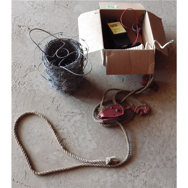 12 Volt ranch wire fencer, barb wire, insulators, fencing wire stretcher