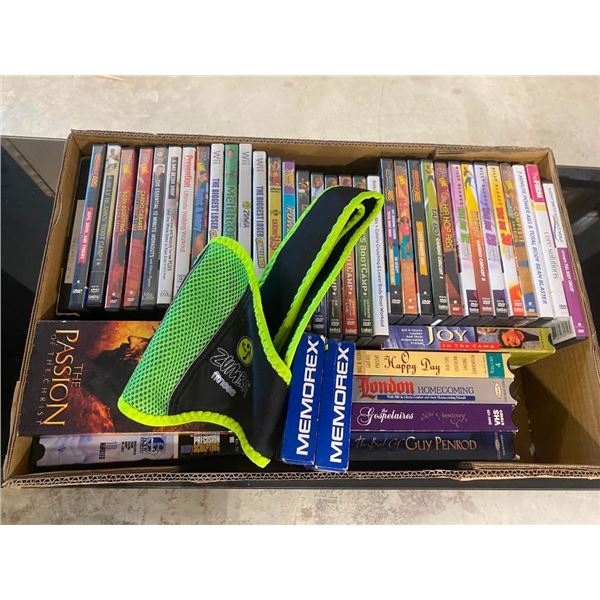 BOX LOT OF ASSORTED DVDS, VHS AND WII GAMES