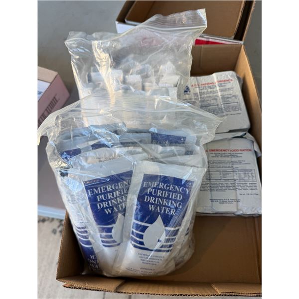 Emergency food, rations, and purified drinking water