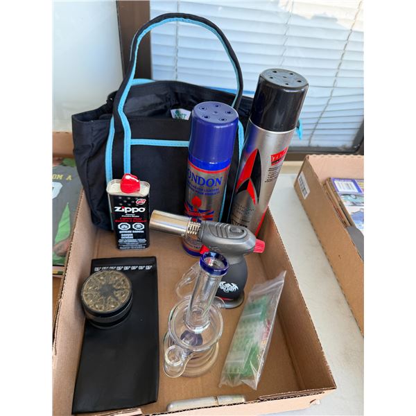 Grinder, bong, butane, etc.