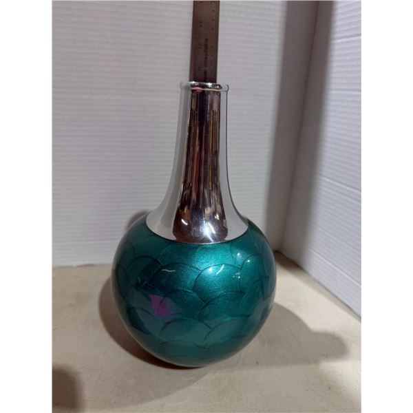 Pier 1 Imports teal blue enamel vase with a scalloped fish scale pattern and a polished silver neck
