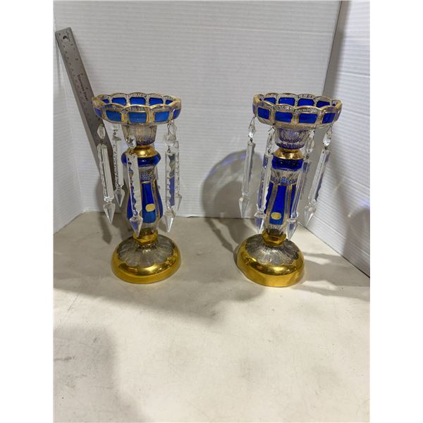 vintage Bohemian mantel lusters feature cobalt blue glass with intricate gold enamel decoration and 