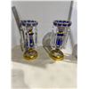 Image 1 : vintage Bohemian mantel lusters feature cobalt blue glass with intricate gold enamel decoration and 