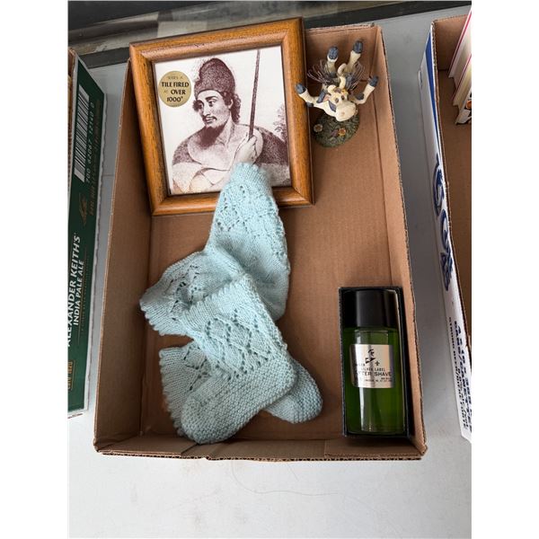 Baby booties and hat, aftershave, and other items