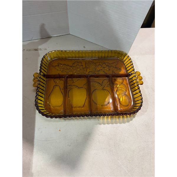vintage Indiana Glass amber divided relish tray features a detailed embossed fruit pattern