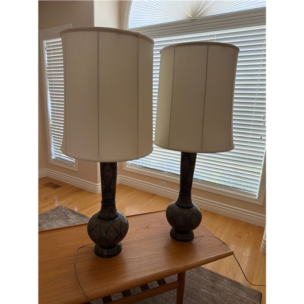 etched metal lamps pair