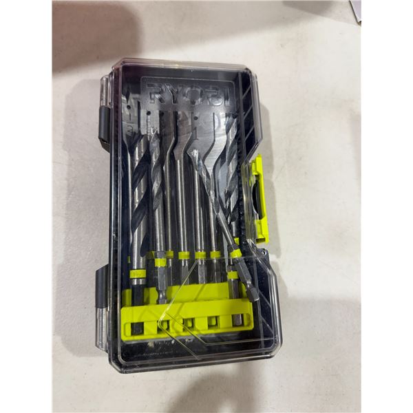 Ryobi drill, bits, and spades