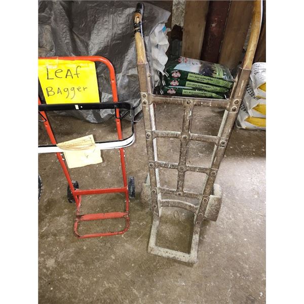 Hardwood / Steel Wheel Hand Truck (Good Condition ) & leaf Bagger