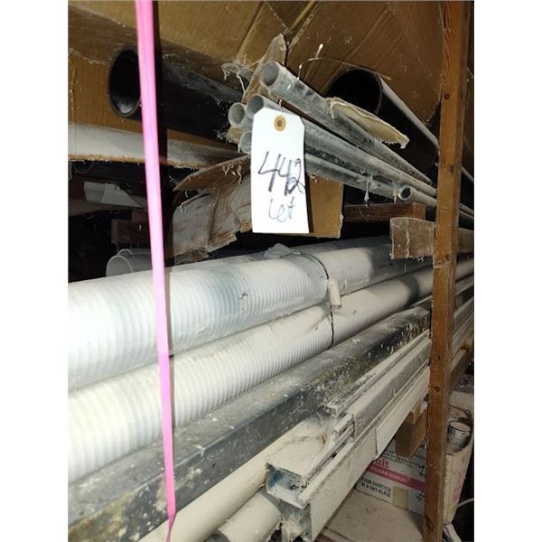 LARGE SALES LOT OF ASSORTED DRAINS, PIPE, GALVENIZED TUBING, BARN DOOR TRACKS, AND MORE