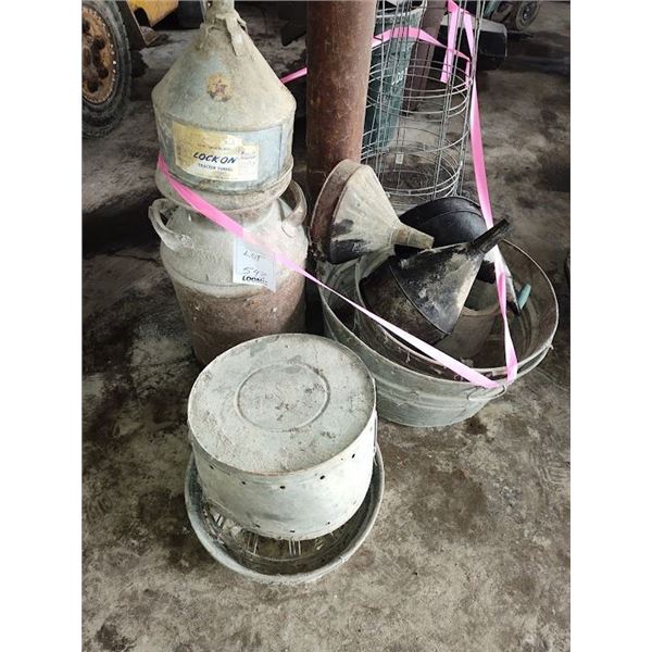 GALVANIZED TUBS, MILK CAN, CHICKEN FEEDER TRACTOR FUNNEL LOT