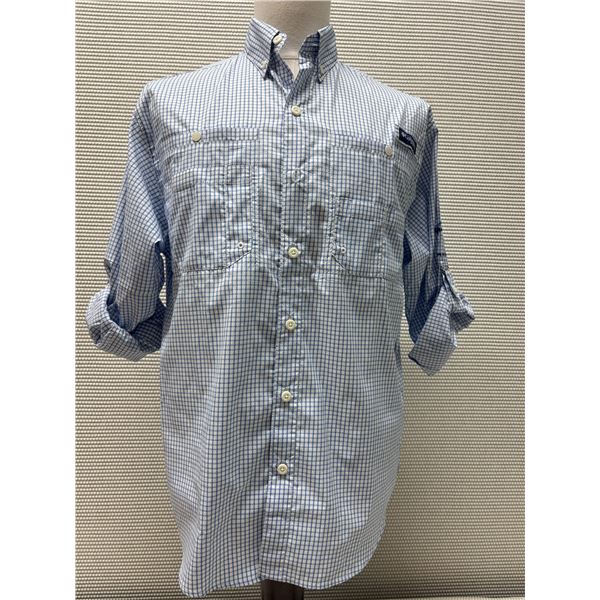 Men's Size S Super Tamiami Blue Grid-Pattern Long Sleeve Button-Up Shirt