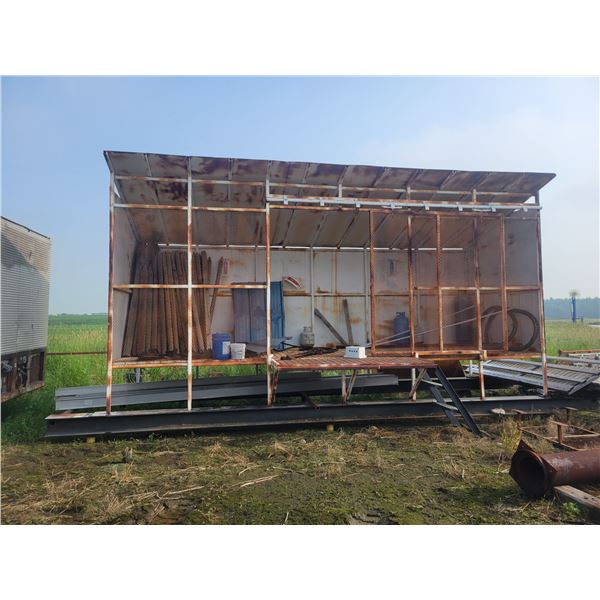 Approx. 30 ft. skid, 10 in. x 10 in. I-Beam skid c/w metal clad roof & walls, steps & sliding doors.