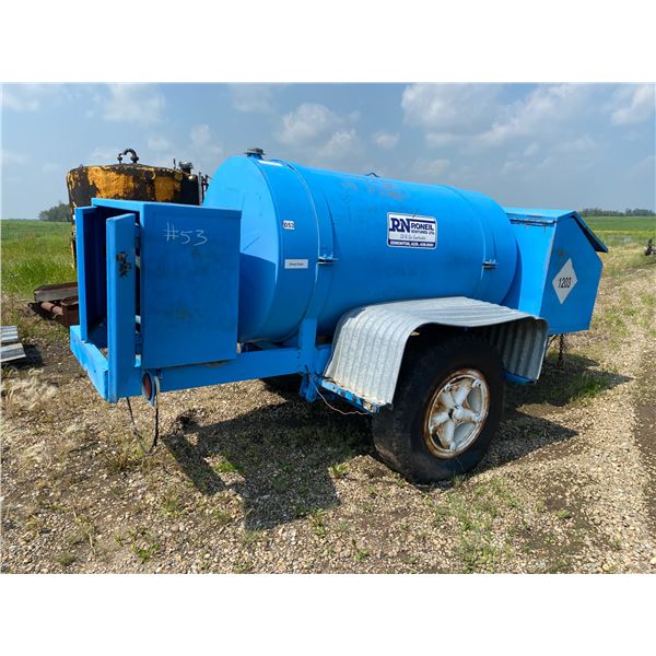 500-gal diesel tank c/w 12 Volt pump mounted on single axle trailer, pindle hitch, well made