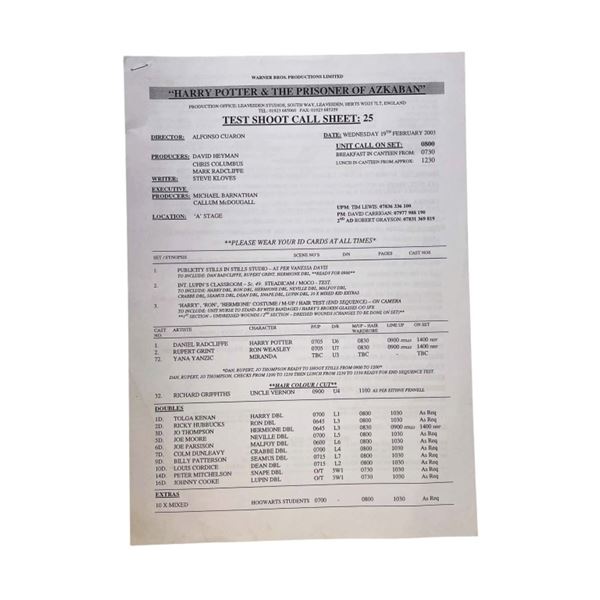 Harry Potter and the Prisoner of Azkaban (2004) - Test Call Sheet