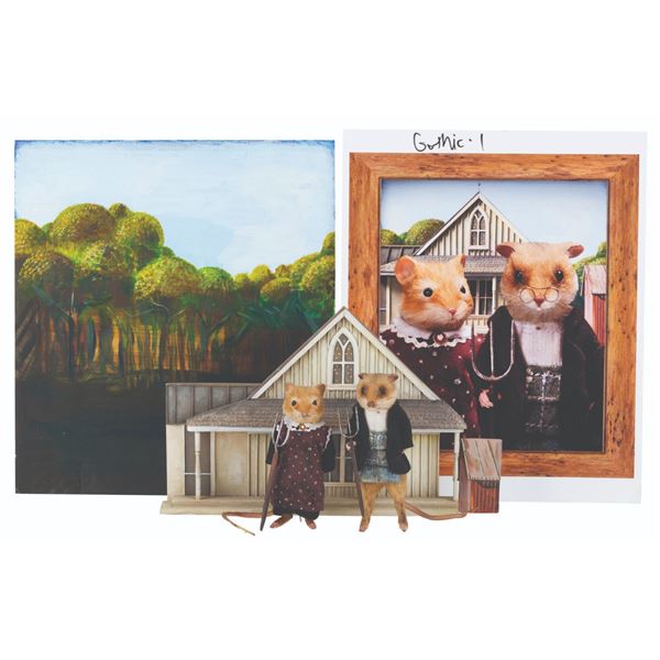 A "Dinner for Schmucks" American Gothic Taxidermy Mice Diorama.