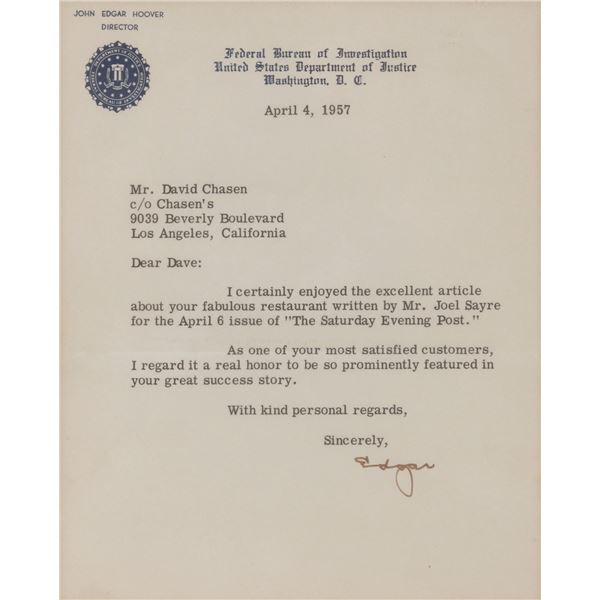 J. Edgar Hoover's Signed Letter to Chasen's Restaurant.