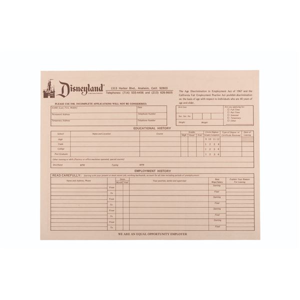 A 1960s Disneyland Employment Application.