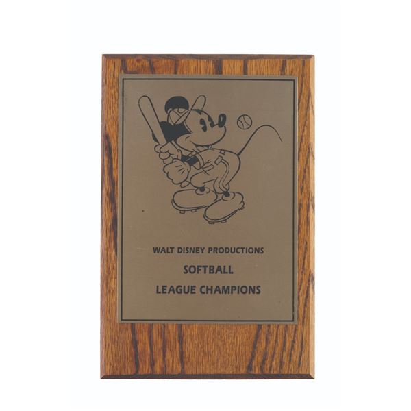 A Walt Disney Productions Softball League Champions Plaque.