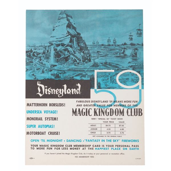 A Disneyland 1959 New Attractions Window Card.