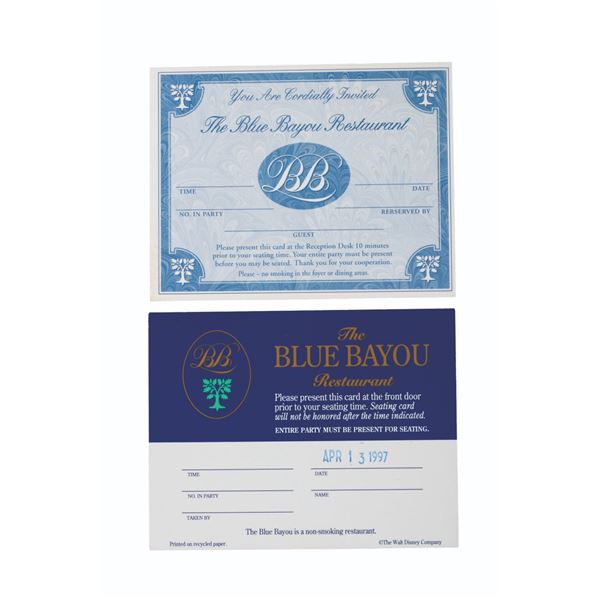 A Pair of Blue Bayou Restaurant Reservation Cards.