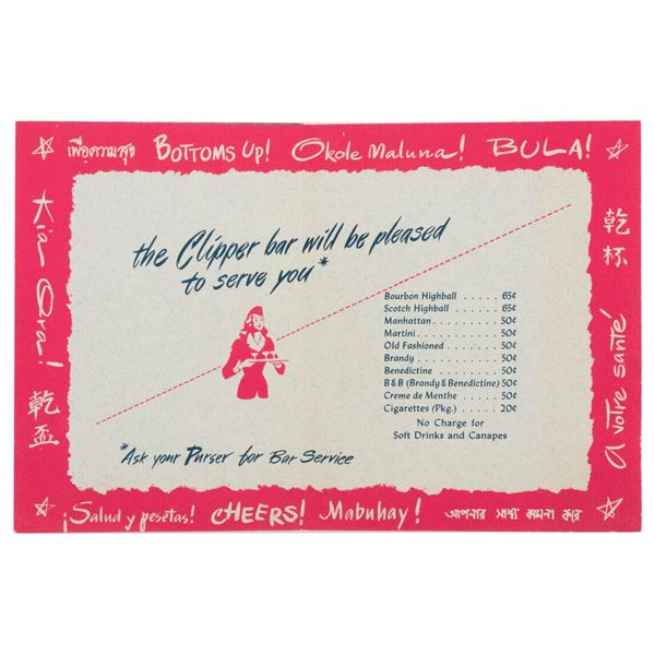A Pan American Airways Clipper Bar Service Menu.