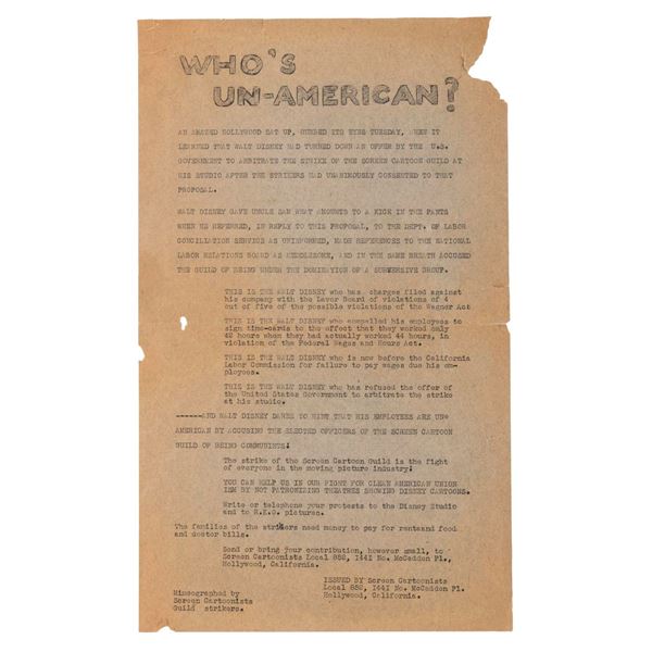 A Screen Cartoonist Guild Walt Disney Studios Strike Notice.