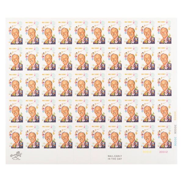 A Full Sheet of Walt Disney 6 Cent Stamps.