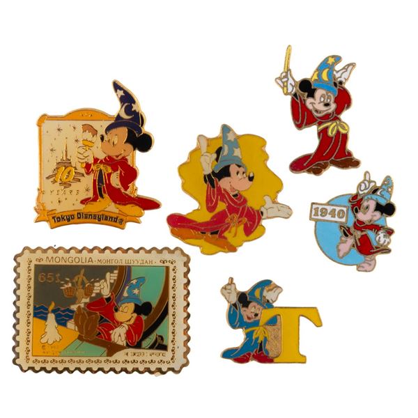 A Collection of Sorcerer Mickey Enamel Pins.