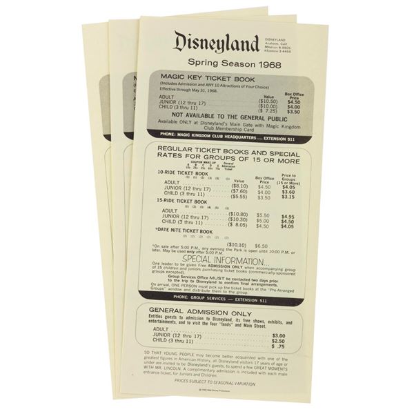 Three 1968 Disneyland Ticket Guide Flyers.