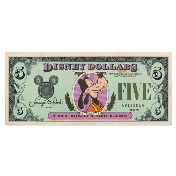 A 1987 Disney Dollar Goofy Five Dollar Bill.