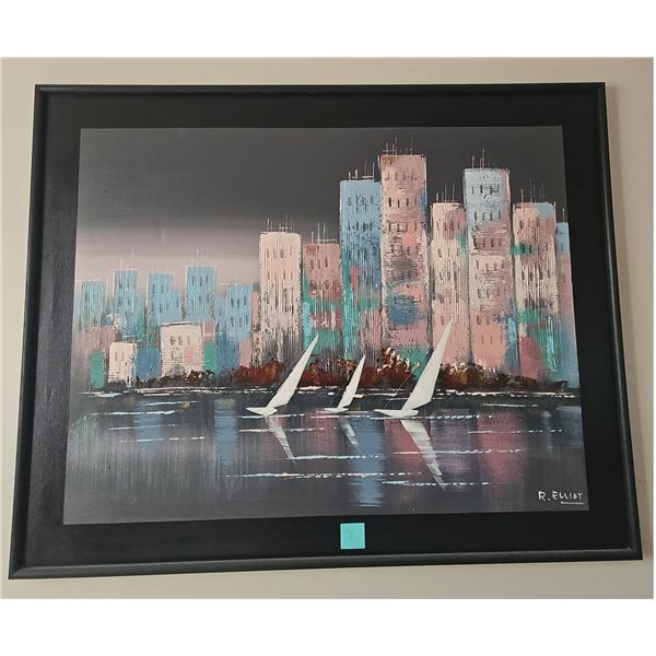 R. Elliot Cityscape Painting with Sailboats