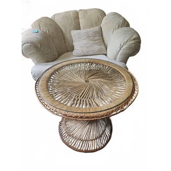 Wicker and Glass Round Side Table