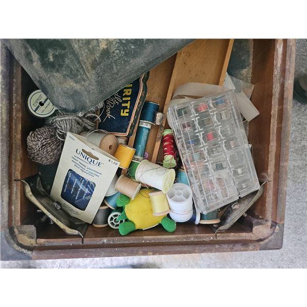 Wood Sewing Table With Supplies