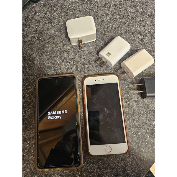 Samsung Galaxy and iPhone with Chargers