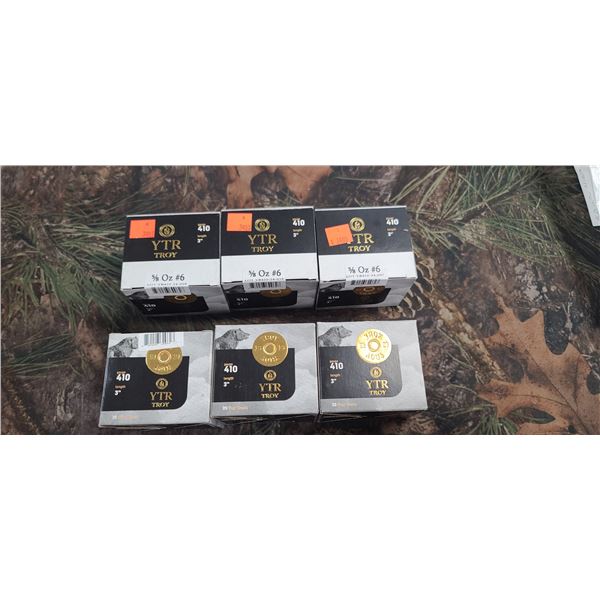 6 BOXES YTR TROY 410 GAUGE #6 3" 5/8OZ, 25 SHOT SHELLS PER BOX, 150 ROUNDS TOTAL NO SHIPPING ON AMMU