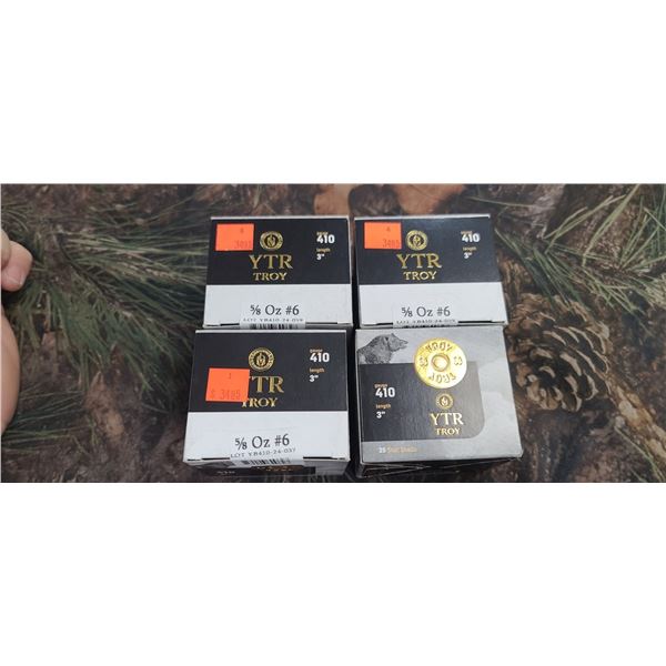 4 BOXES YTR TROY 410 GAUGE #6 3" 5/8OZ, 25 SHOT SHELLS PER BOX, 100 ROUNDS TOTAL NO SHIPPING ON AMMU