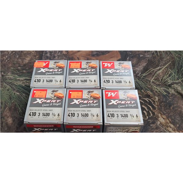 6 BOXES WINCHESTER 410 GAUGE #6 3" 3/8OZ, 1400FPS, XPERT GAME, TARGET 25 SHOT SHELLS PER BOX, 150 RO