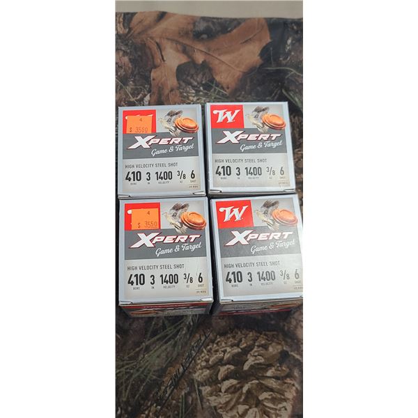 4 BOXES WINCHESTER 410 GAUGE #6 3" 3/8OZ, 1400FPS, XPERT GAME, TARGET 25 SHOT SHELLS PER BOX, 100 RO