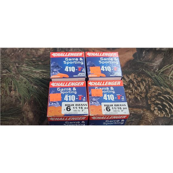 4 BOXES CHALLENGER 410 GAUGE #6  3", 1350FPS, GAME, SPORTING HIGH BRASS, 11/16 oz 25 SHOT SHELLS PER