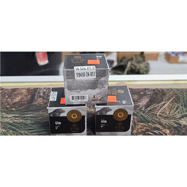 3 BOXES YTR TROY 410 GAUGE #7.5, 3",  5/8 oz 1100FPS,  25 SHOT SHELLS PER BOX, 75 ROUNDS TOTAL NO SH