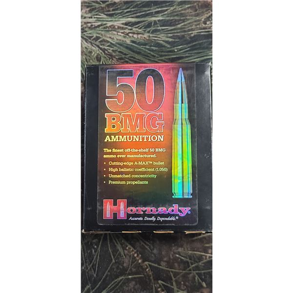 1 BOX 50 BMG HORNADY A-MAX 750 GRAIN 10 ROUNDS PER BOX NO SHIPPING ON AMMUNTION