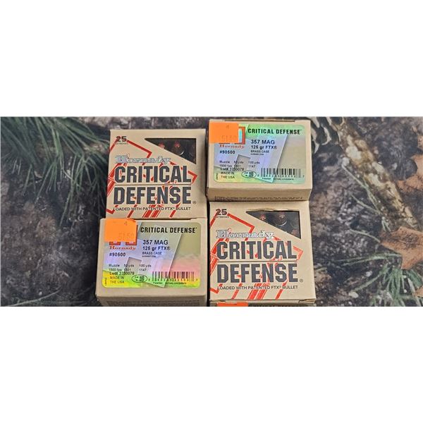4 BOXES 357 MAG. HORNADY CRITICAL DEFENSE FTX 125 GRAIN BRASS CASE 1500FPS 25 ROUNDS PER BOX 100 ROU