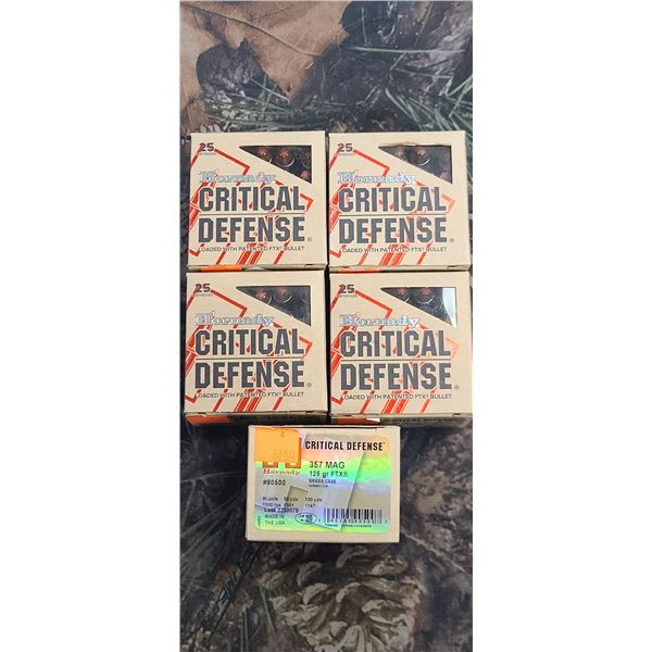 5 BOXES 357 MAG. HORNADY CRITICAL DEFENSE FTX 125 GRAIN BRASS CASE 1500FPS 25 ROUNDS PER BOX 125 ROU
