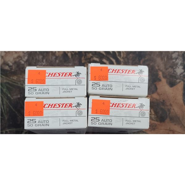 4 BOXES 25 WINCHESTER AUTO TARGET, FULL METAL JACKET, 50 GRAIN 50 ROUNDS PER BOX NO SHIPPING ON AMMU