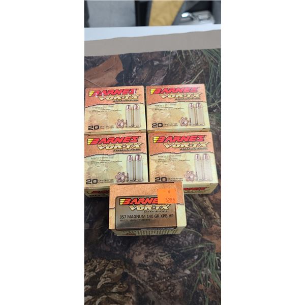 5 BOXES 357 MAGNUM, BARNES, VER-TX XPB HP 140 GRIAN 1265FPS, 20 ROUNDS PER BOX NO SHIPPING ON AMMUNT