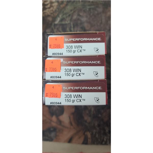 3 BOXES 308 WIN, HORNADY SUPERFORMANCE CX 150 GRAIN 20 ROUNDS PER BOX NO SHIPPING ON AMMUNTION